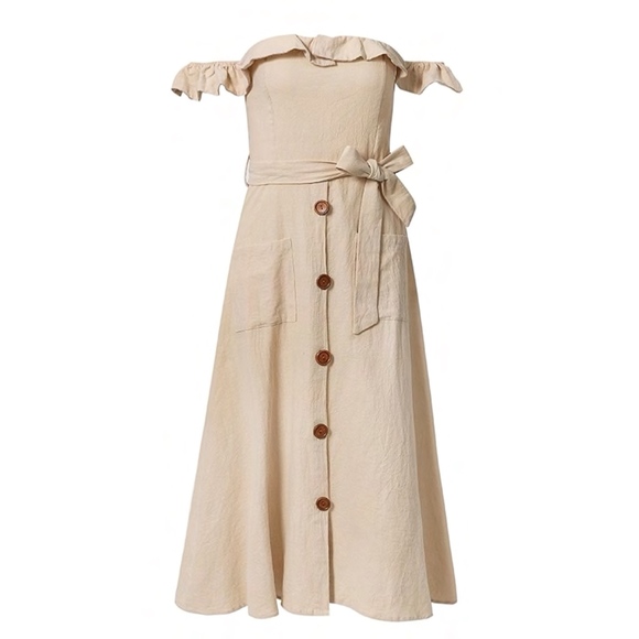 Off Shoulder Fit and Flare Midi Belted Dress - Picture 3 of 8